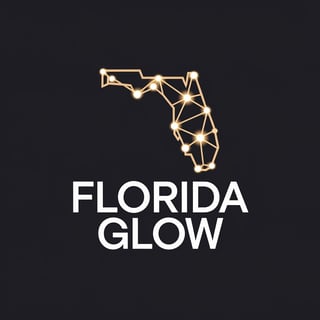 Logo for Florida Glow featuring a glowing golden outline map of Florida on a dark background with white text below